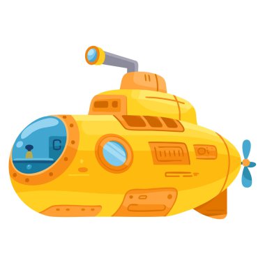 Deniz keşfi, okyanus macerası, deniz tasarımı ve su altı temalı yaratıcı grafikler için ideal sarı denizaltı yüzüşünün vektör çizimi