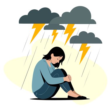 Depresyon zihinsel bozukluk sorunu ve duygusal temalı sanat eserleri için ideal karikatür tarzı ağlayan yalnız bir kızın vektör çizimi