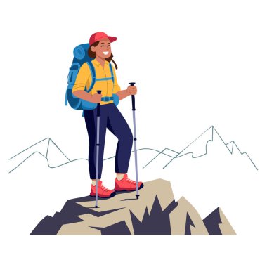 Sırt çantasıyla yürüyüş yapan ve göl manzarası ve doğa teması için ideal baston kullanan genç bir kadının vektör çizimi