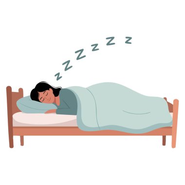 Yatakta uyuyan genç bir kadının vektör çizimi dinlenme rahatlığı yaşam tarzı yatak odası temalı yaratıcı sanat tasarımları için mükemmeldir.