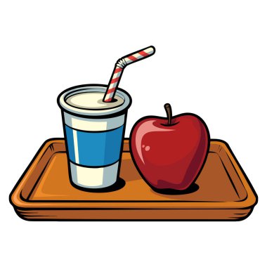 Elma ve milkshake 'i bir tepside sunan vektör illüstrasyonu yemek menüsü için mükemmeldir. Tatlı, tatlı, yaratıcı temalar ve taze atıştırmalık tasarımı.