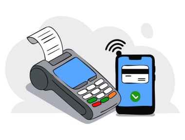 Kredi kartı ve akıllı telefon ile NFC mobil ödemesini gösteren vektör illüstrasyonu fintech, perakende, e-ticaret, bankacılık ve ödeme uygulaması için ideal