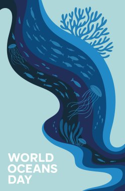 Vektör illüstrasyon dünyası okyanus gündüz konsepti doğa çevre çevre ekolojisi temiz deniz ve bitkiler uluslararası bayram ve festival sanatsal çalışmaları için kartpostal gönderiyorlar