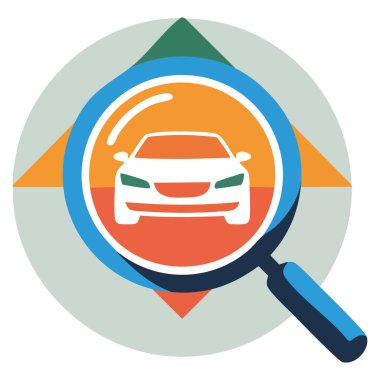 Arama navigasyon sürücüsü desteği ve otomotiv yol bulucu markalaşması için ideal büyüteç sembolü içeren vektör logosu şablonu araba yönü