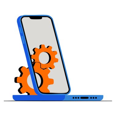 Vektör logosu onarım şablonu elektronik telefon ve dizüstü bilgisayar sembolü cihaz onarım teknolojisi servisi ve bakım kimliği için mükemmel