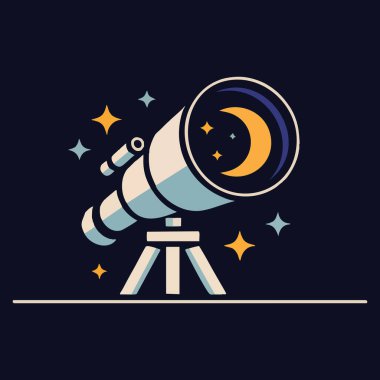 Astronomi bilim alanı temalı gece gökyüzü gözlem ve keşif kimliği için ideal yıldız sembollü vektör logosu teleskopu.