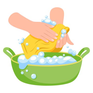 Çamaşırları yeşil leğende yıkamak, beyaz arka planda el yapımı vektör çizimi ev işi temizlik konsepti ev işi ev işi ev işi tasarımı için mükemmel.