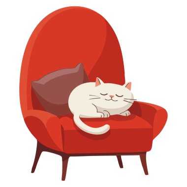 Kırmızı koltukta uyuyan beyaz kedi vektör çizimi ev hayvanı istirahati, rahat iç tasarım ve eğlenceli illüstrasyon kavramları için mükemmel.