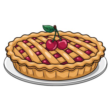 Beyaz arka planda izole edilmiş tatlı geleneksel tart resmedilmiş vişneli turta ikonu. Meyve tatlısı pişirme veya mutfak temalı tasarımlar için mükemmel.