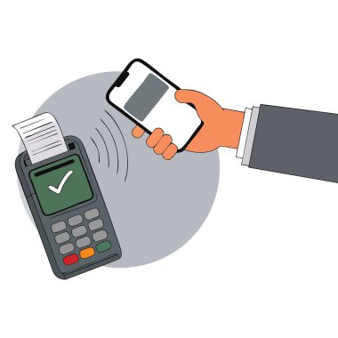 Kablosuz ödeme düz illüstrasyon yeni POS terminal ve yüksek teknolojili akıllı telefon NFC Yakın alan iletişim ödemesi onaylanmış işaretleme vektör sanatı