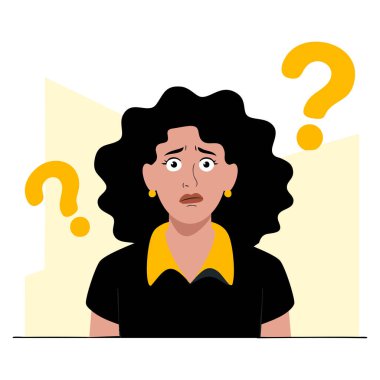 Kadın, iş konsepti karar verme ya da stratejik fikir temalı grafikler için mükemmel olan düşünme vektörü çizimini sorgularken iki şeyi karıştırıyor.