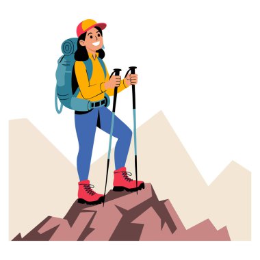 Sırt çantalı ve bastonlu kadın yürüyüş vektör illüstrasyonu açık hava macerası için mükemmel doğa keşfi ve dağ manzarası tasarımları.