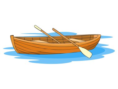 Kürekli ahşap kayık su taşıma vektör illüstrasyonu göl gezisi için kürekleri olan klasik ahşap bir tekne gösteriyor. Balıkçılık veya sakin su hareketi.