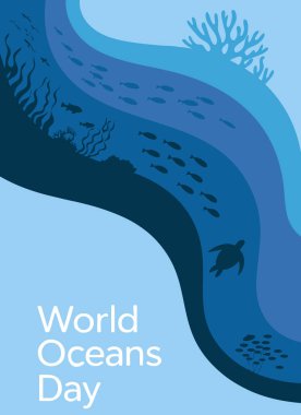 Dünya okyanusları günlük konsept doğa ve çevre temiz deniz bakım bitkiler ile uluslararası bayram festivali karikatür düz vektör ilülasyonu için kartpostal selamlama