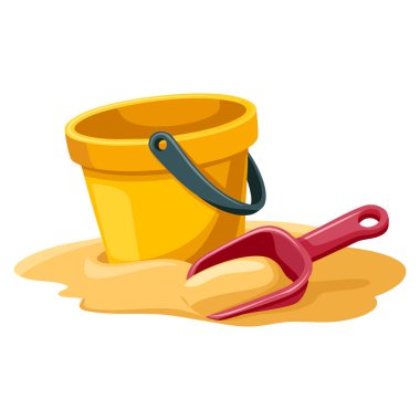 Beyaz arka planda sarı kova ve çizim plaj oyuncakları için ideal çocuklar yaz kum teması ya da yaratıcı çizgi film çizimleri oynuyorlar.