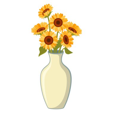 Dekorasyon için çiçek açan sarı vazo ve seramik vazoda güzel ayçiçekleri ev tasarımı için mükemmel beyaz zemin üzerinde izole edilmiş vazo.