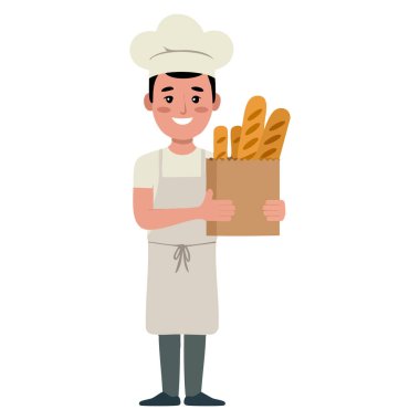 Genç fırıncı karakteri geleneksel Fransız ekmeği vektör illüstrasyonunu tutuyor. Pastane hamur işi çizimleri ve mutfak temalı yaratıcı tasarımlar için uygun izole edilmiş.