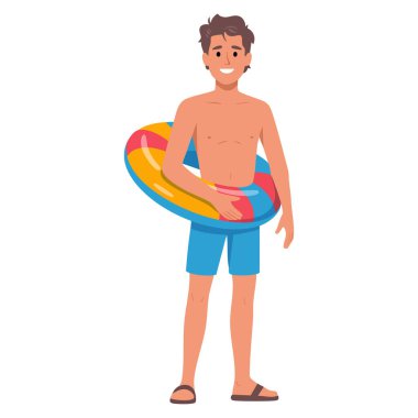 Mayo giyen genç yakışıklı erkek turist karikatür karakteri şişirilebilir halka çizimi tutuyor. Yaz plajı veya tatil temalı sanat eserleri için ideal.