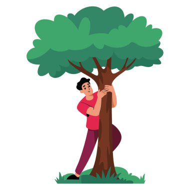 Genç adam yeşil ağaç vektör illüstrasyonunun arkasına saklanıyor ve gözetliyor. Oyuncu açık hava etkinliği macerası ya da orman temalı tasarım kavramları için ideal.