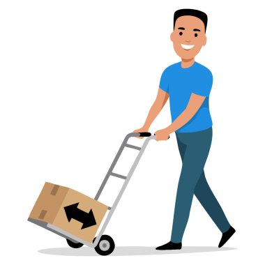 Kutu karakteri çizimi olan genç adam teslimat işi için mükemmel paketleme veya lojistik ve karikatür iş tasarımı kavramları