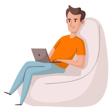 Laptop vektör çizimi üzerinde çalışan genç adam ev ofisi, uzaktan çalışma, serbest meslek hayatı ve dijital çalışma alanı tasarımları için ideal sandalyede oturuyor.