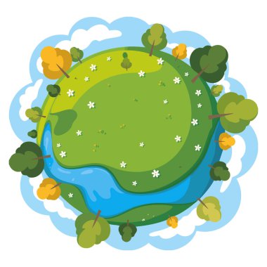 Ağaçlı ve yeşil çimenli büyük dünyanın vektör çizimi doğa çevresi için ideal ekosistem parkı ya da ekolojik temalı tasarım