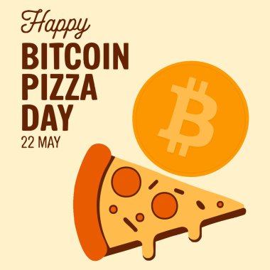 Bitcoin Pizza Günü 'nün 22 Mayıs kutlama arkaplan pankartı tasarımı için altın sikke ve bir dilim pizza ikonu poster şablonuyla vektör ilülasyonu