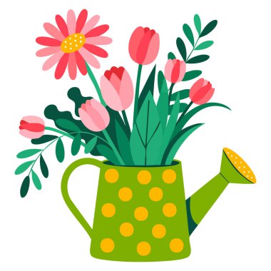 Çiçeklerin sulanmasının vektör illüstrasyonu bahar mevsimsel kompozisyon çiçek dekorasyonu ve yaratıcı sanat eserleri için idealdir.