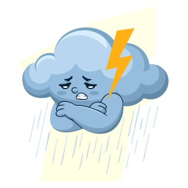 Mavi kabarık bulutlu huysuz yüzün vektör çizimi katlanmış kollar yağmur ve şimşek fırtına, hava durumu, sevimli çizgi film ve oyuncu tasarım temaları için ideal