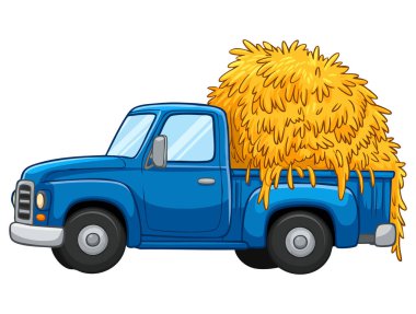 Çiftlik taşımacılığı için saman taşıyan mavi kamyonun vektör çizimi tarımsal ürünleri izole edilmiş tasarım konsepti çizimleri için ideal