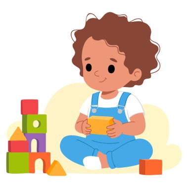 Çocukların eğitimi, yaratıcılığı ve oyun zamanı temalı sanat eserleri için beyaz arka planda izole edilmiş renkli blokları olan erkek çocuklarının vektör illüstrasyonu