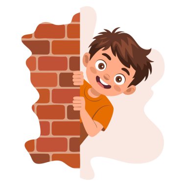 Tuğla duvarın arkasına saklanan çocuğun vektör çizimi çocuklar için ideal çizgi film stili oyun okulu ve yaratıcı sanat eserleri.