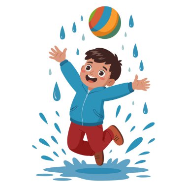 Sonbahar kıyafetleriyle top oynayan, yağmurlu hava birikintilerinin keyfini çıkaran erkek çocuğunun vektör çizimi mevsimlik çocuk aktiviteleri veya temalı sanat eserleri için mükemmel su sıçratıyor.