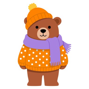 Polka noktalı süveter giyen kahverengi ayının vektör çizimi çocuk kitapları, karikatür çizimleri tebrik kartları ve oyuncu tasarım temaları için ideal.