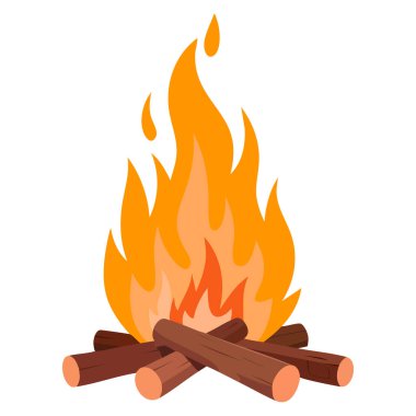 Ahşap karikatür tarzıyla yanan şenlik ateşinin vektör çizimi açık hava piknik doğa kamp orman macerası ya da sıcak temalı sanat eserleri için mükemmeldir.