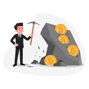 Siyah takım elbiseli bir işadamının kripto para ve iş dünyasının finansal tasarım temaları için ideal kazmalı bitcoin madenciliğinin vektör çizimi