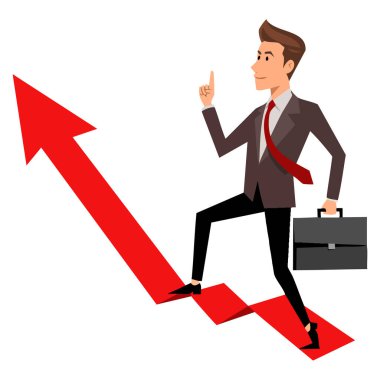 Kırmızı okla grafikte duran işadamının vektör çizimi başarı için mükemmel büyüme liderliği başarısı ve yaratıcı tasarımların finansmanı