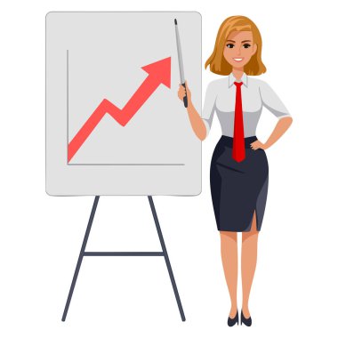 Ofis veri analizi eğitimi ve kurumsal tasarım projeleri için mükemmel istatistikleri sunmak için işaret çubuğu kullanan iş kadınının vektör illüstrasyonu