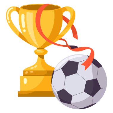 Şampiyon kupa topu ve madalyanın rengarenk çizgi film stilinde vektör çizimi okul eğitimi için mükemmel başarı ve oyuncu temalı sanat eserleri