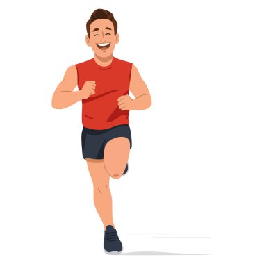 Spor üniformalı, sporcu erkek sporcunun vücut geliştirme, egzersiz ve sağlıklı yaşam tarzı temaları için mükemmel maraton koşmasının vektör çizimi