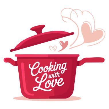 Aşkla Aşçılık 'ın vektör illüstrasyonu. Yazı, pembe harfler. Tasarım, mutfak konsepti.