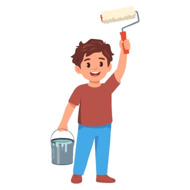 Çevre koruma ortamı ve sürdürülebilirlik bilinci tasarımları için mükemmel paspas ve kova kova su temizleme karikatürü tarzıyla yakışıklı bir çocuğun vektör çizimi