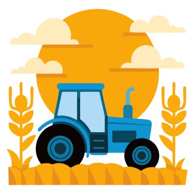 Tarım konsepti vektör illüstrasyonu, turuncu tarım arazisinde afiş kartpostalları için düz çizgi film tarzında mavi traktör ve gün batımını gösteriyor.