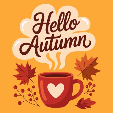 Sonbahar selamlaması Merhaba sonbahar vektör illüstrasyonu modern kahve fincanı bulutlarının böğürtlenleri düz bir şekilde bıraktığını gösteriyor pankart ve arkaplan tasarımı için