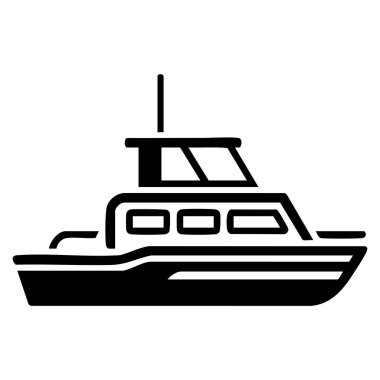 Siyah ve beyaz vektör ikonu, deniz seyahati, lüks tekne yolculuğu ve deniz taşımacılığı kavramları için uygun su yüzeyinde yüzen büyük ve modern bir yat gösteriyor.
