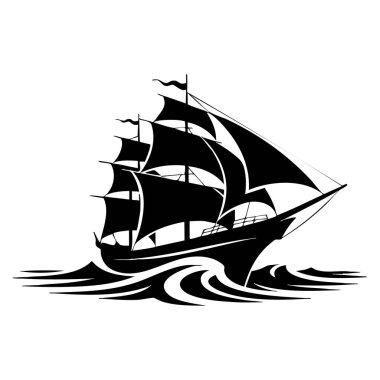 Deniz yolculuğu temalı sanat eserleri için uygun beyaz zemin üzerinde izole siyah gemi silueti dalga vektör illüstrasyonu