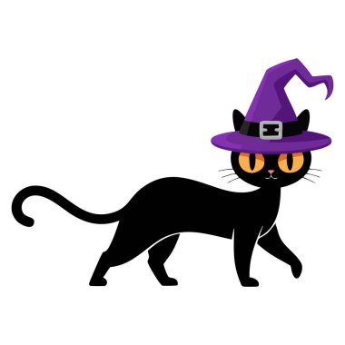 Cadı şapkalı bir kedinin siyah silüeti ve Cadılar Bayramı teması vektör illüstrasyonu olarak gösterilmiş ürkütücü hayvan karakteri mevsimsel dekorasyon