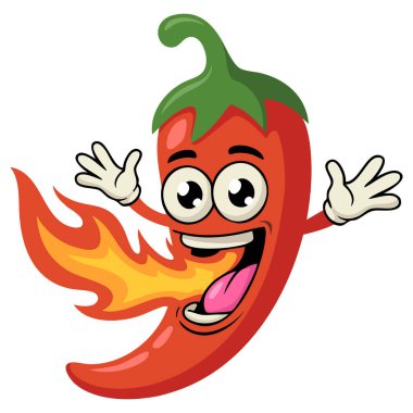 Ağızdan ateş saçan çizgi film kırmızı biber maskotu restoran işi için mükemmel baharatlı yemek markalı logo menüsü ve promosyon tasarımlarına ihtiyacı var.