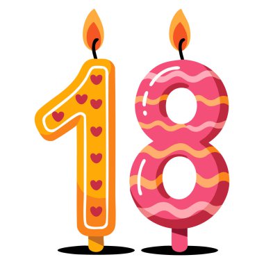 Karikatür el çizilmiş doğum günü mumları resimli Alevli İskandinav tarzı düğün pastası için 18. yıl dönümü kutlaması için.