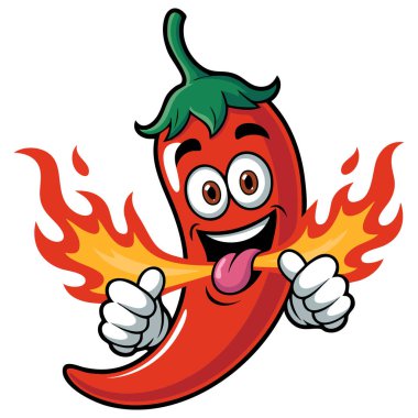 Çizgi film baharatlı biber maskotu. Restoran işletmeleri için uygun ateş soluyan illüstrasyon. Menü tasarımı, markalaşma ve sıcak yemek promosyonu.